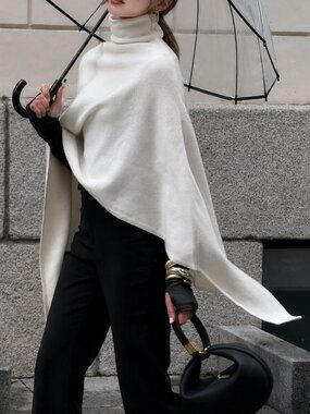 White Casual Women's Loose Fit High Neck Rib-Knit Batwing Sleeve Poncho Sweater